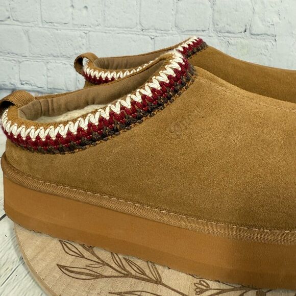 Suede Platform Mule Slippers Women Size 10 Tan Suede Shearling Faux Fur Lined - Picture 8 of 10